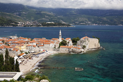 High angle view of city buildings