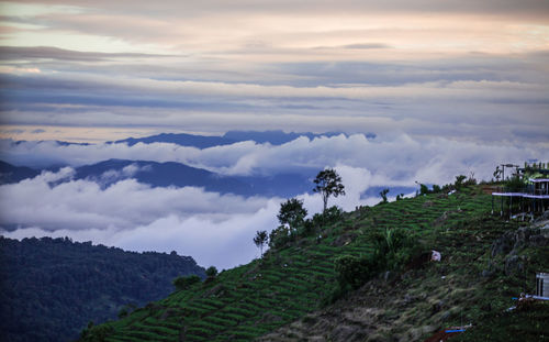 High angle view of land against sky during sunset