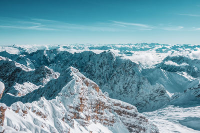 Mountain panorama from the viewing platform on the zugspitze. german and austrian ski areas.