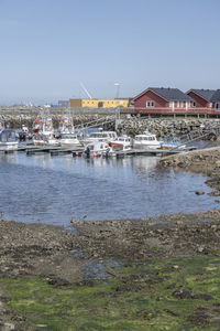 Sailboats moored in sea against clear sky