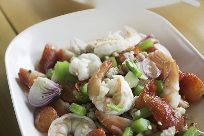 High angle view of prawn salad in plate