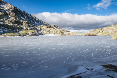 Scenic view of snow covered land against sky