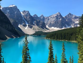 Panoramic view of lake and mountains against clear blue sky