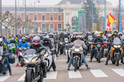 Valladolid, spain - january 11, 2020, a motorcycle parade in meeting penguins