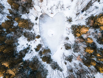 High angle view of snow covered heart-shaped lake in a forest