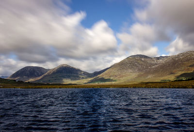 Scenic view of lake by mountains against sky