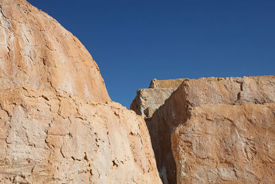 Low angle view of rocks against clear blue sky