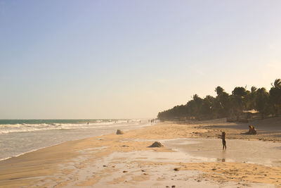 Scenic view of beach against clear sky during sunset