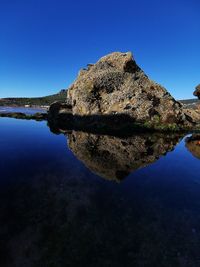 Reflection of rocks in lake against clear blue sky