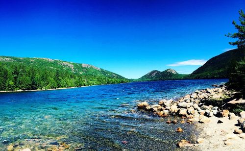 Scenic view of lake against clear blue sky