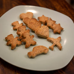 High angle view of cookies in plate on table