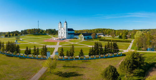 Beautiful aerial view of the white chatolic church basilica in latvia, aglona.