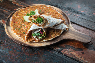 High angle view of meal served in container