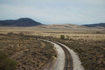 Railroad track amidst landscape against sky