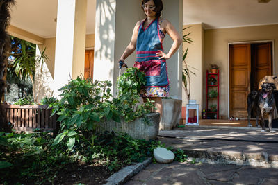 Woman with dark hair in apron watering flowers in house garden