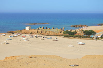 High angle view of beach against clear sky