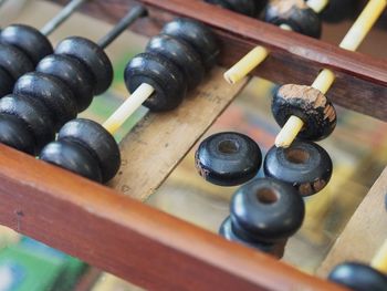 Close-up of broken abacus on table