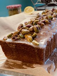 Close-up of cake in plate on table