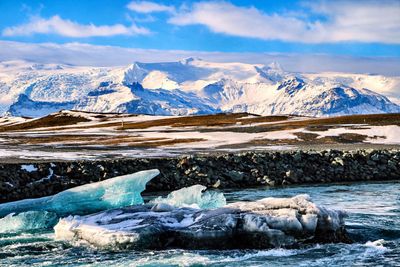 Scenic view of snowcapped mountains against sky