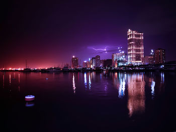 View of city lit up at night