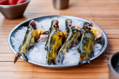 High angle view of seafood in plate on table