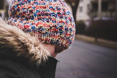 Close-up of woman wearing hat