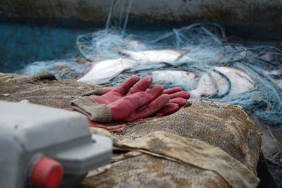 Close-up of a fishing net in a boat