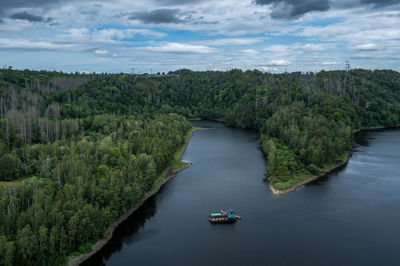 View from the 458 meter long suspension bridge titan-rt at rappbode dam, harzen