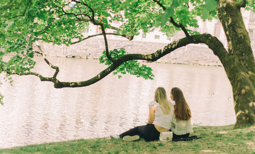 Full length of woman sitting on plant against tree