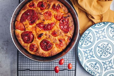 High angle view of pizza on table