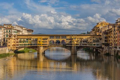 Arch bridge over river against sky in city