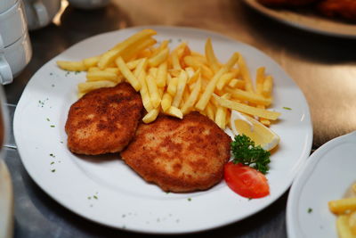 Close-up of food served on table