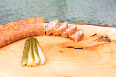 High angle view of bread on cutting board