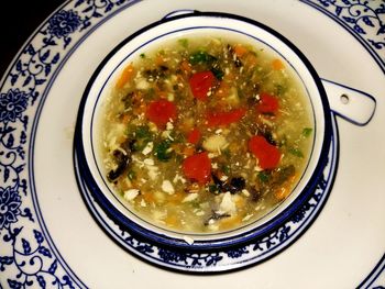 High angle view of soup served on table