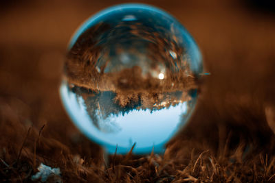 Close-up of crystal ball on field against sky