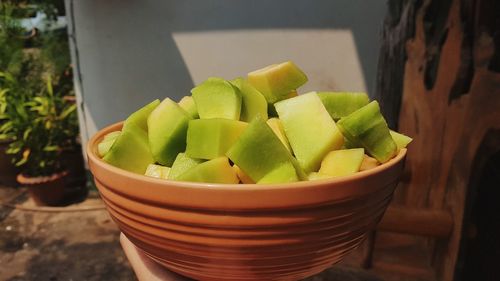 High angle view of fruits in bowl on table