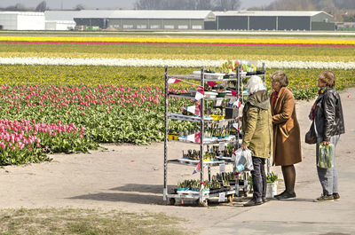 Rear view of people walking on street