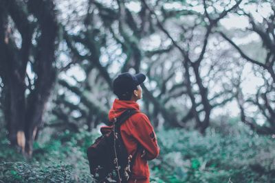 Rear view of boy in forest