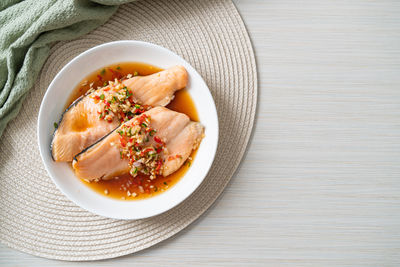 High angle view of food in plate on table