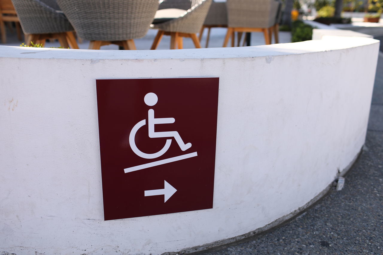 white, sign, communication, no people, symbol, red, disabled access, day, human representation, representation, road, information sign, city, disabled sign, differing abilities, architecture, outdoors, transportation, close-up