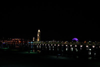 Illuminated building against clear sky at night