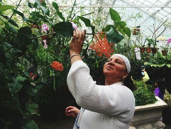 Close-up of woman holding plant at greenhouse