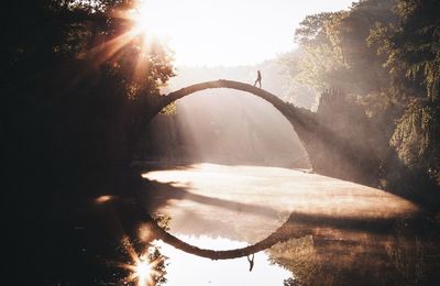 Man on rakotz bridge over lake with reflection in park