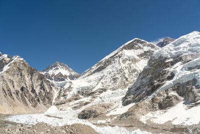 Scenic view of snowcapped mountains against clear blue sky