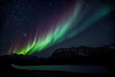 Scenic view of mountains against sky at night