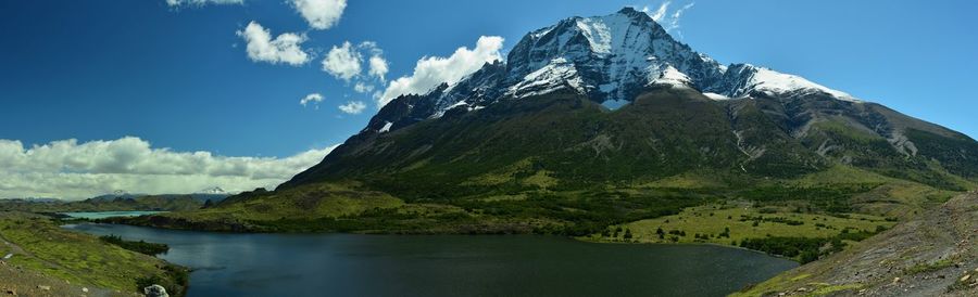 Scenic view of lake and mountains against sky