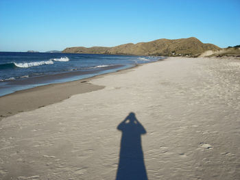 Shadow of man on beach against clear sky