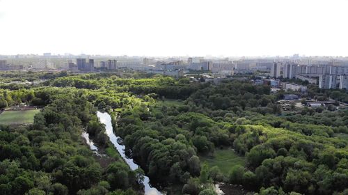 High angle view of buildings against clear sky