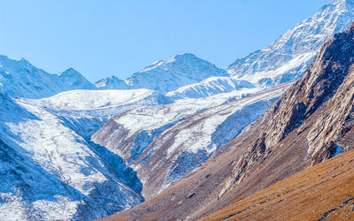 Scenic view of snowcapped mountains against clear sky