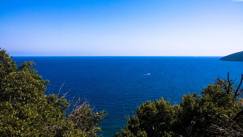 Scenic view of sea against clear blue sky